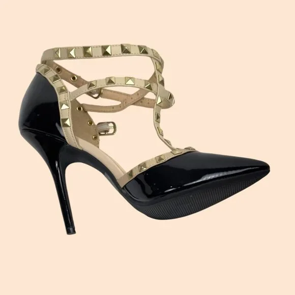 Wild Diva Lounge 64 Sexy Stud Patent Leather Stiletto Black Beige Heels Size 9 - Picture 2 of 16